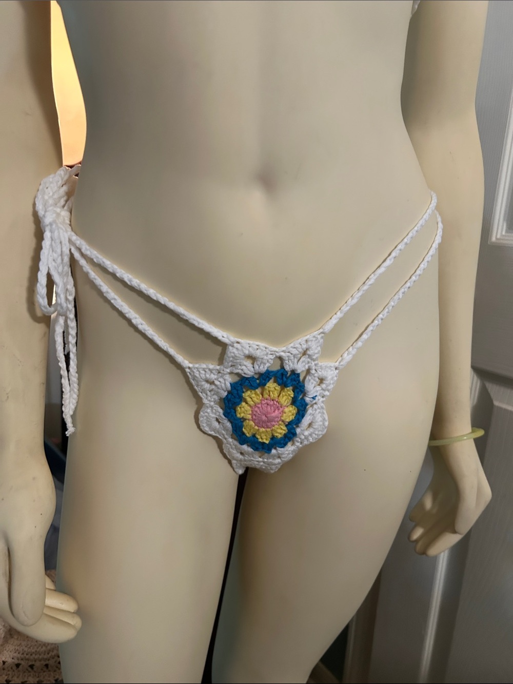 SHEIN White Crochet Floral Thong Bikini with Blue and Yellow Accents - Picture 6 of 10